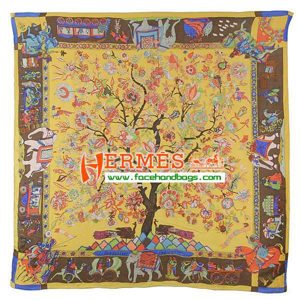 Hermes Hand-Rolled Cashmere Square Scarf Yellow HECASS 120 x 120 - Click Image to Close